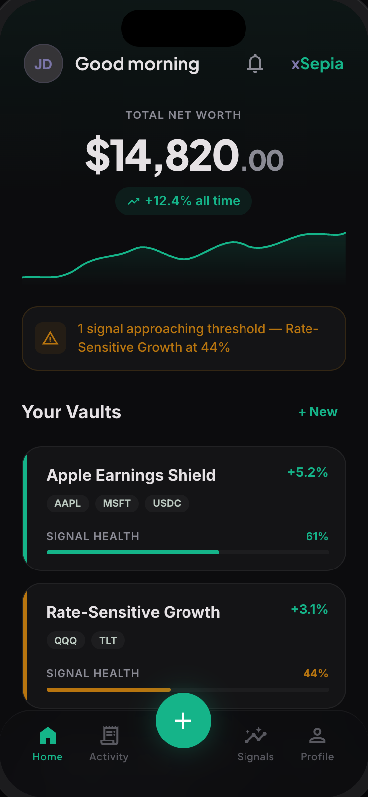 xSepia dashboard showing portfolio overview with active Vaults and total balance