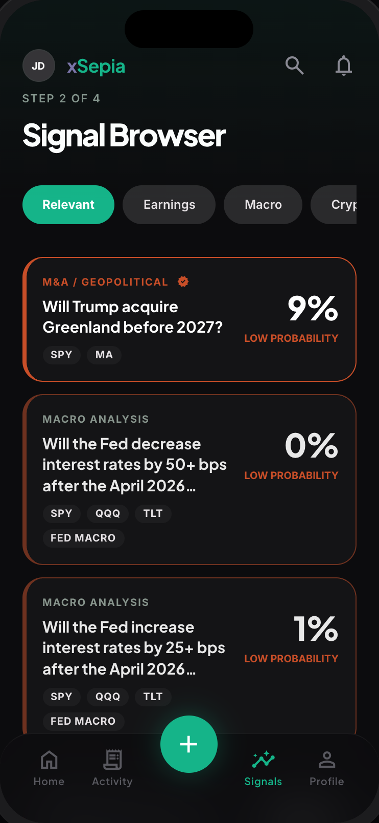Signal browser showing live prediction market categories and probabilities